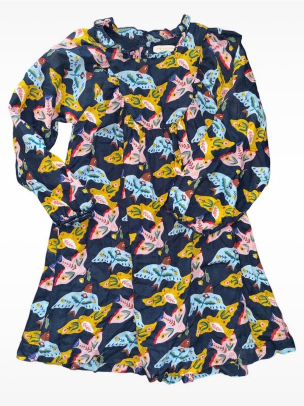 Pink Chicken Navy Dress with Pink, Blue & Yellow Bird Print